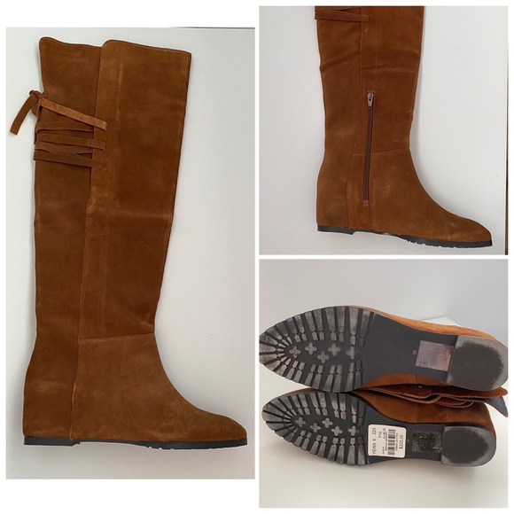 Suede Wedges Over The Knee Boots Size 8 - Picture 4 of 6